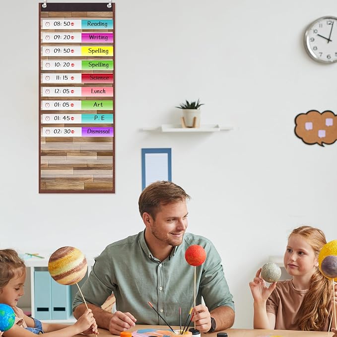 Ctosree 2 Pcs Wood Grain Daily Schedule Pocket Chart 14 Pocket Chart with 4 Hanging Hooks Toddler Schedule Chart Daily Schedule for Kids Preschool Teacher Supplies Pocket Chart for Classroom Office