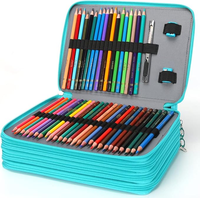 Vomgomfom 200 Slots Pencil Bag, 4-Layer Zipper Portable Art Supply Organizer, PU Leather Large Capacity Colored Pencil Case with Handle for 200 Watercolor Pens, Gel Pens (Green)