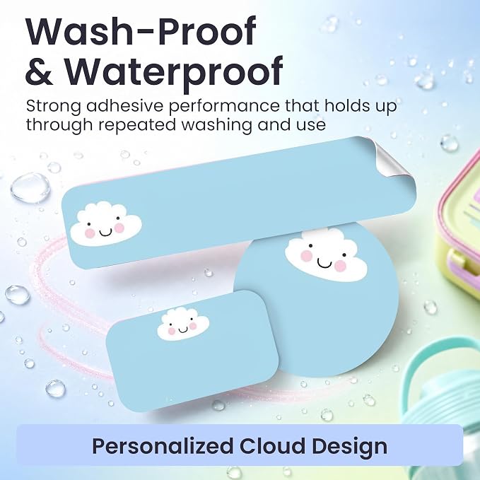 Label Daddy Personalized Name Labels for School, Cloud Design | Waterproof Name Tags for Kids, Washable Custom Daycare Labels, Clothing, Lunch Boxes, Water Bottles and More, 128 Ct & 256 Ct