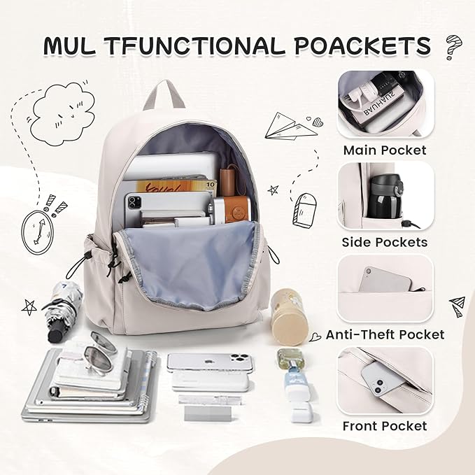 Beige Backpack for School Women Girls, Waterproof Bookbag Cute High School Back Pack for Men Teen Boys, Lightweight Travel College Backpack Mochilas Escolares para Casual Daypack Rucksack