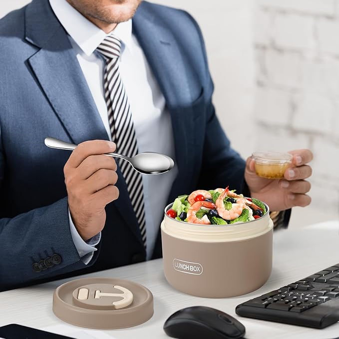 Dandat 2 Pcs Portable Insulated Lunch Containers Thermal Bento Box with Bag Fork Knife Microwavable Stainless Steel Lunch Box 15.2 oz 21 oz Separate Stackable Food Jar for Adult Men Women(Khaki)