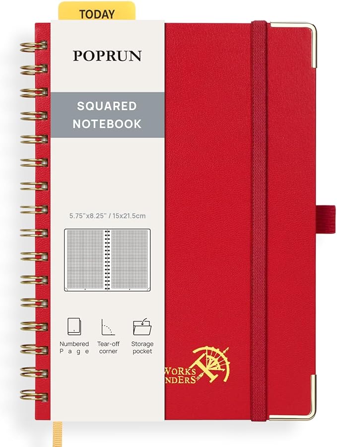 POPRUN Graph Spiral Journal Notebook - A5, 141 Pages Grid Notebooks for Women Men, 120 GSM Hardcover Graphing Journals for Work, School, Engineering & Graphing, 5.75'' x 8.25'', Red