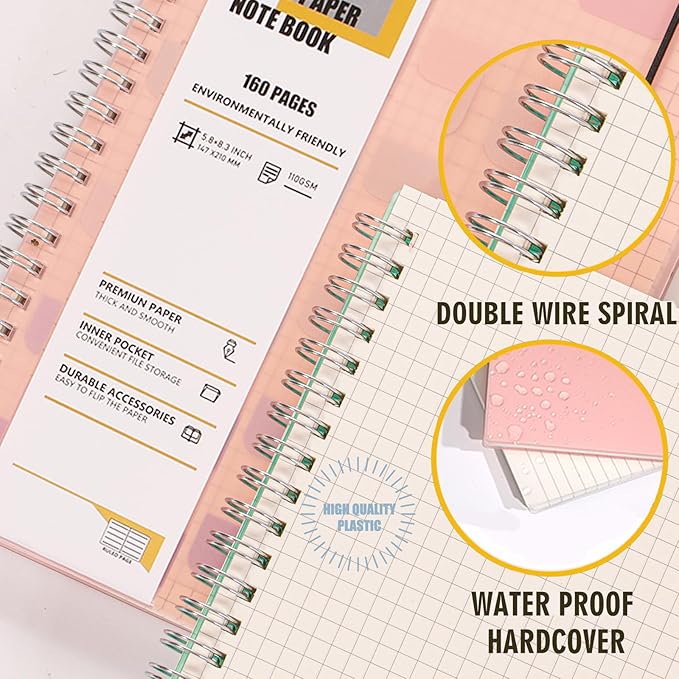 OWSC 4 Pack Graph Notebook, 5.9 x 8.3 Inches Spiral Notebooks for Work, School and Journal with 110 GSM Graph Paper, Small Notebook with 80 Sheets/160 Pages, Hardcover Grid Paper Notebook