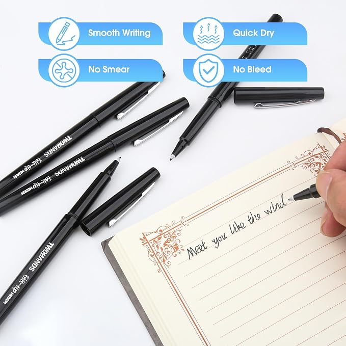 TWOHANDS Felt Tip Pens Fine Point Marker Pens, Black, 0.7mm, 12 count