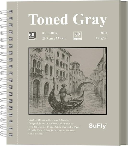 SuFly Toned Gray Sketch Book 8"x10" - 60 Sheets Spiral Bound Sketch Pad, 85lb/130gsm Art Paper for Graphite, Charcoal, Colored Pencils and Gel pens.