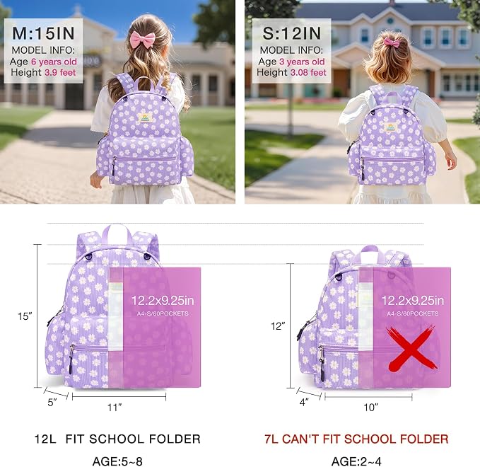 STEAMEDBUN Corduroy Kids Backpack for Girls and Boys 5-8: Girls Backpack for Elementary Kindergarten - 15 inch Cute Backpacks for Kids - Purple Daisy