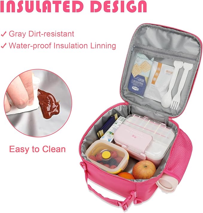 Initial Insulated Lunch Bag for Girls Kids, Back to School Gift, Reusable Leak-proof Lunch Box with Adjustable Strap for School Daycare Travel Picnic (Rosy Red,J)