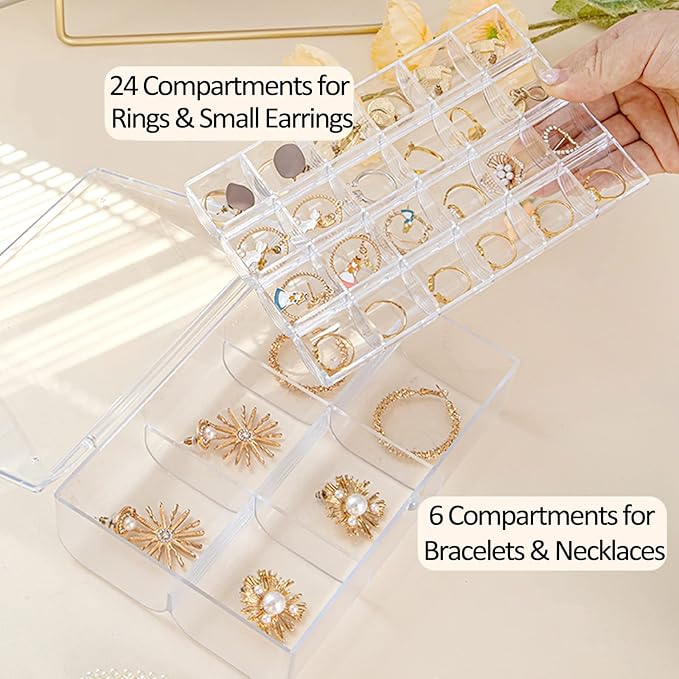 Clear Acrylic Jewelry Organizer, 30 Grids 2-Tier Jewelry Storage Box for Earrings Rings Necklaces, Dustproof Desktop Organizer for Women and Girls (Clear)
