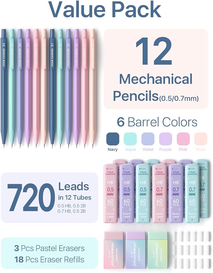 Four Candies Cute Mechanical Pencil Set, 0.5mm & 0.7mm Point, 12-Count Pack | 720 HB/2B Leads, 3 Erasers, 18 Eraser Refills, Storage Case, Pastel Barrels, Triangular Grip, for Notes & Drawing