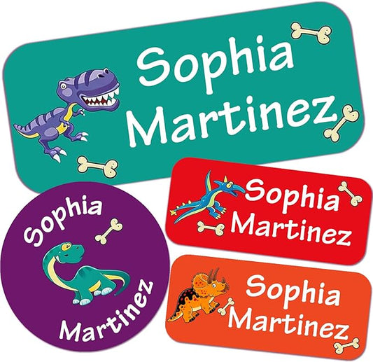 Waterproof Custom Name Stickers (135 Labels) - Personalized Daycare Labels for Clothing, Water Bottles, Lunch Boxes & School Supplies - Ideal for Camp & Daycare - No-Iron (Dino)