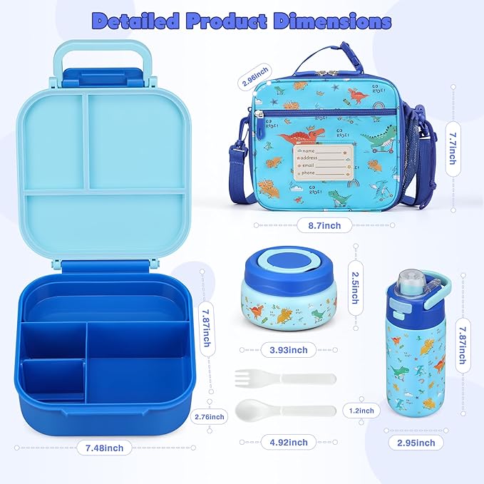 Bento Lunch Box for Kids with 7oz Soup Thermo,Insulated Stainless Steel Kids Water Bottle with Straw and Insulated Lunch Bag,Leak-Proof Lunch Food Container with Ice Pack for School (Blue-Dinosaur)