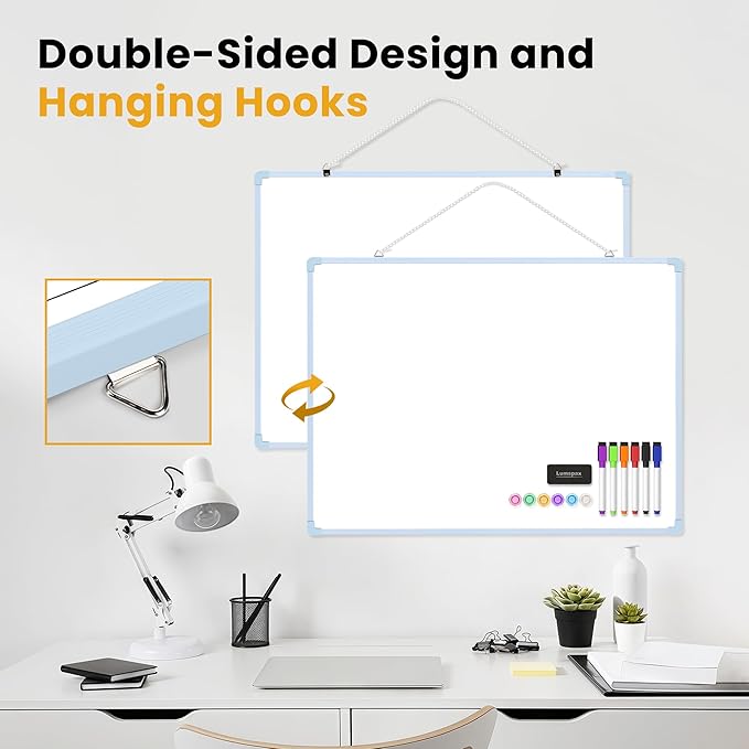 Dry Erase Board for Wall, 24" x 18" Double-Sided Hanging Magnetic Whiteboard with 6 Markers, 6 Magnets and 3 Mini Sticky Notes, Large White Board for School, Home, Office, Blue Frame