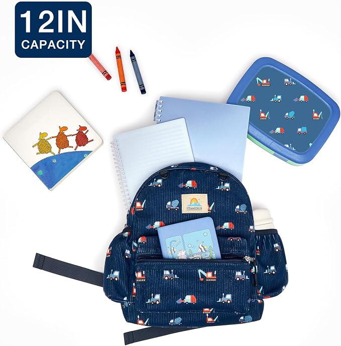 STEAMEDBUN Corduroy Toddler Backpack for Girls 2-4: Kids backpack for Boys Girls - 12 inch Preschool Kindergarten Backpacks - Blue Trucks