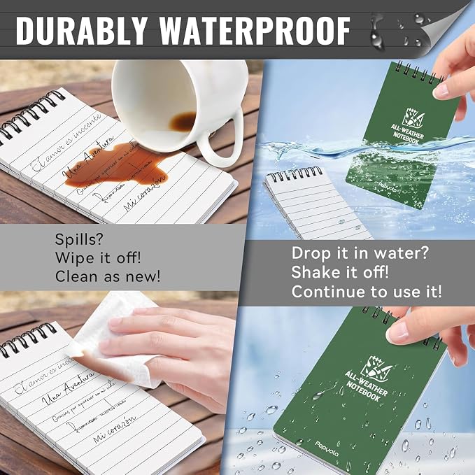8 Pack Waterproof Pocket Notebook, 3" x 5" Top-Spiral Pocket Notepad