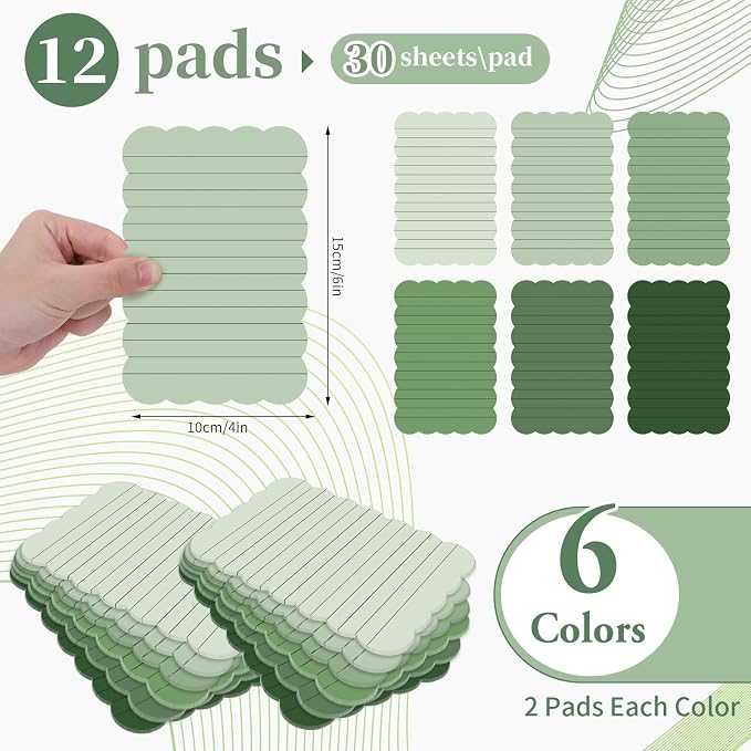 AnyDesign 12Pcs Scalloped Sage Green Sticky Notes 4 x 6 Inch Gradient Green Self Adhesive Lined Notepad Removable Memo Pad for Classroom Office Home School Party Supplies