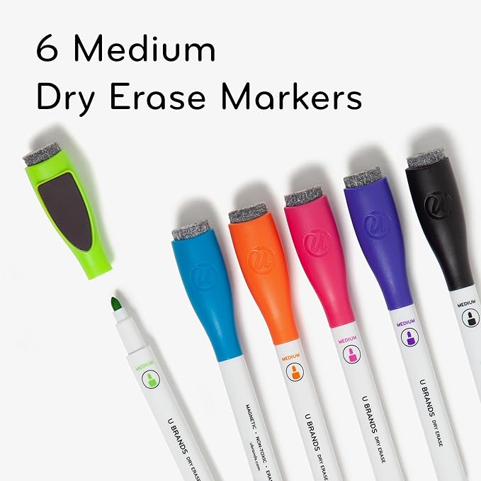 U Brands Fine Tip Dry Erase Markers with Eraser, Low Odor Whiteboard Markers Fine Tip, Assorted Bright Colors, Set of 6