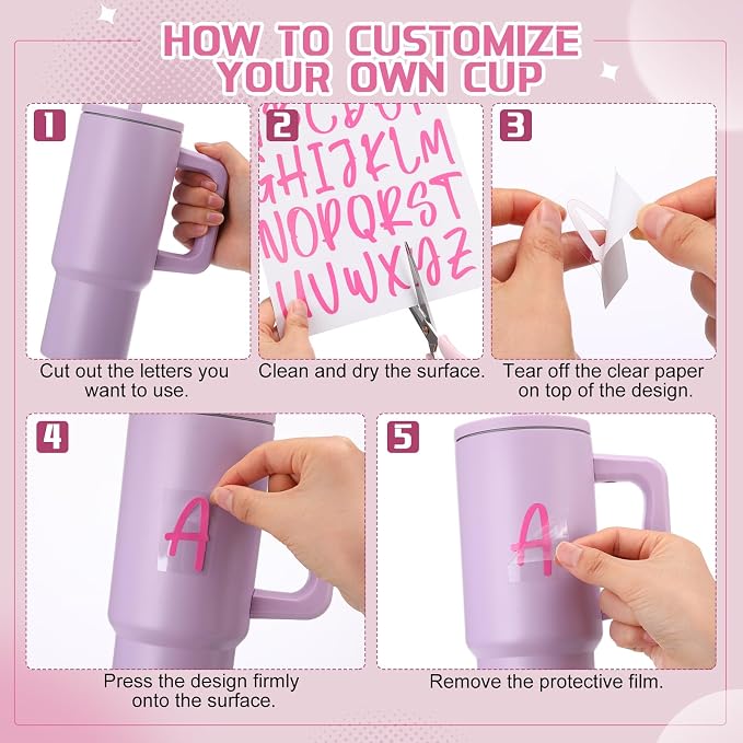 UV DTF Cup Wrap Letter Stickers Vinyl Decals,Pink,6 Sheets | Personalized Name Stickers for Water Bottles Tumblers, Waterproof UV DTF Alphabet A-Z Stickers for 14-48oz Mugs DIY Craft