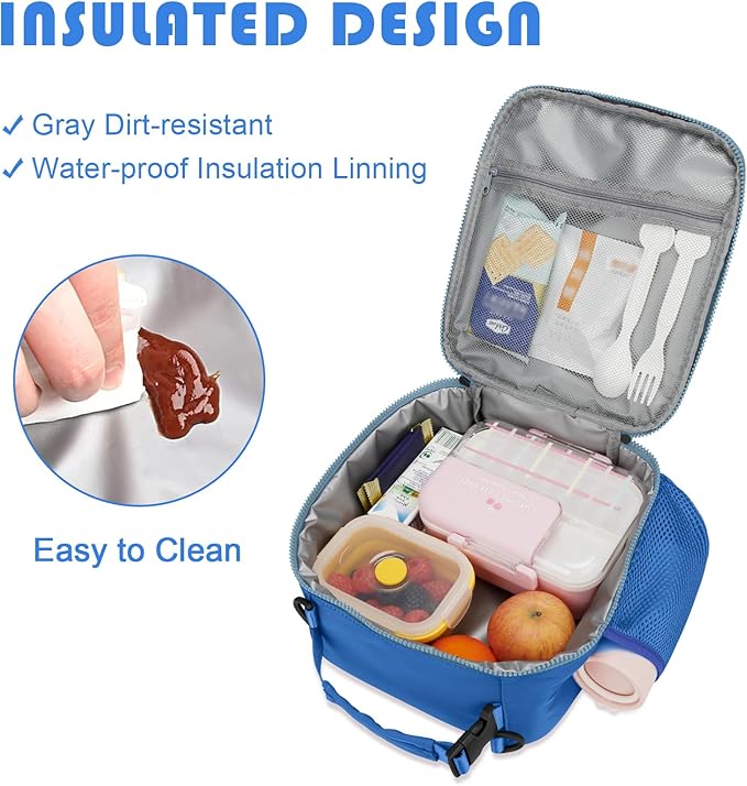 Initial Insulated Lunch Bag for Boys Kids, Back to School Gift, Reusable Leak-proof Lunch Box with Adjustable Strap for School Daycare Travel Picnic（Blue，L）