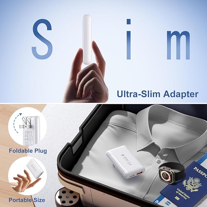 Slim Flat USB C Wall Plug, OKRAY 50W Ultra-Thin&Foldable Dual USB Charger PD30W USB-C+USB-A Fast Charging Block Multiport Travel Power Adapter for iPhone 17 Air 16 15 14 13 12 Pro,iPad, AirPods,iwatch