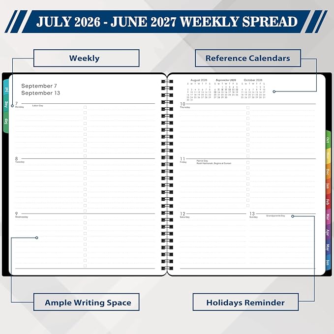 BooQool Planner 2026-2027 for Office, School, Home - Spiral Bound Academic Monthly Weekly Calendar July 2026 - June 2027 Organizer with To Do List, Tabs & PP Cover 8" x 10"