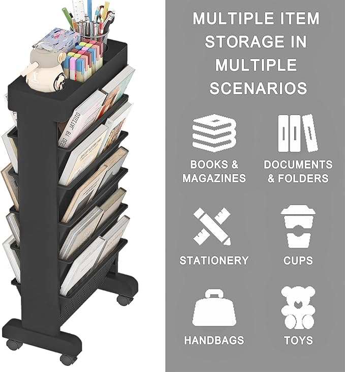 6-Tier Mobile Bookshelf, Rolling Bookcase Book Storage Rack, Movable File Folder Organizer Cart with Wheels for Home Study Office Living Room Classroom, Black