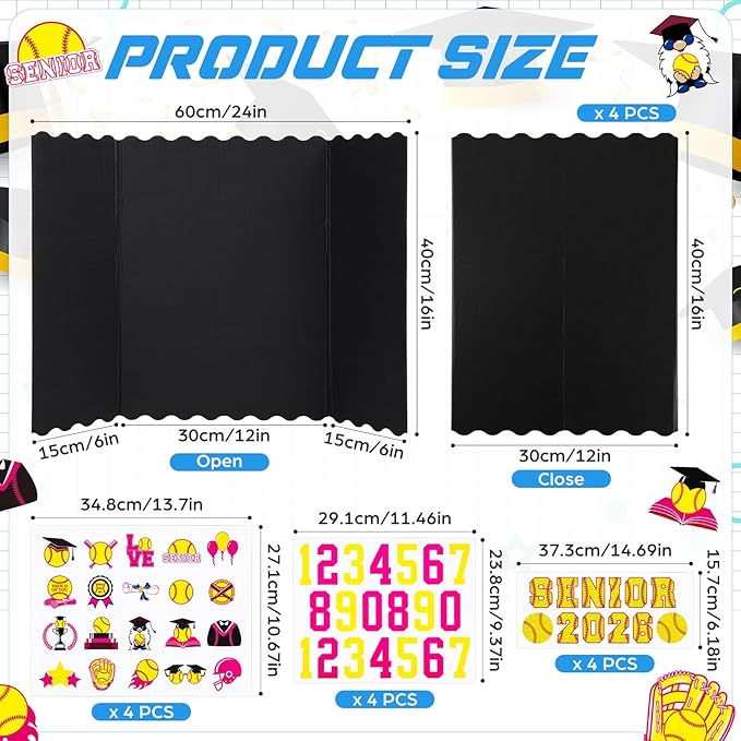Resurhang 4 Set 24''x16'' Softball Senior Night Gifts Senior 2026 Trifold Poster Board Photo Display Board with 12 Sheet Sports Themed Stickers for Graduation Picture Frame Sport Theme Party Supplies