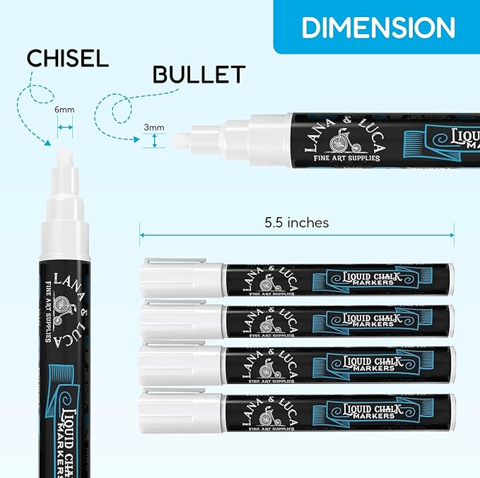 LANA & LUCA Liquid Chalk Marker Pen - White Dry Erase Marker - Chalkboard Markers for Signs, Windows, Blackboard, Glass - Reversible Tip (6mm, 10 Pack)