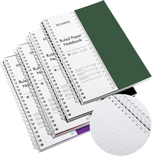 BESARME 4 Pack College Ruled Notebook, A5 Lined Spiral Notebook with Ruler Waterproof Plastic Spiral Journal 5.7" x 8.22" Hardcover Journal for Work School Supplies