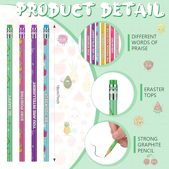 Leinuosen 200 Pcs Scented Pencils Bulk for Kids Inspirational Cute Fun Wood Smelly Pencils with Erasers Fruit Elements for School Classroom Office Students