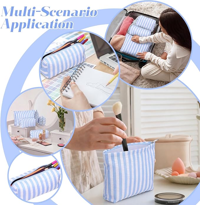 Huhumy 3 Pcs Makeup Bag Set Cute Cosmetic Pouch for Women Aesthetic Seersucker Travel Toiletry Bag Set Preppy Small Makeup Purse Pouch Wide Stripe Cosmetic Organizer Pencil Case with Zipper(Blue)
