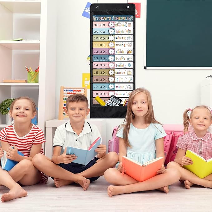 Boho Daily Schedule Pocket Chart for Classroom, 13+1 Pockets with 42 Designed Schedule Cards, Black Classroom Kids Daily Schedule Pocket Chart for Home Office Back to School Classroom Decorations