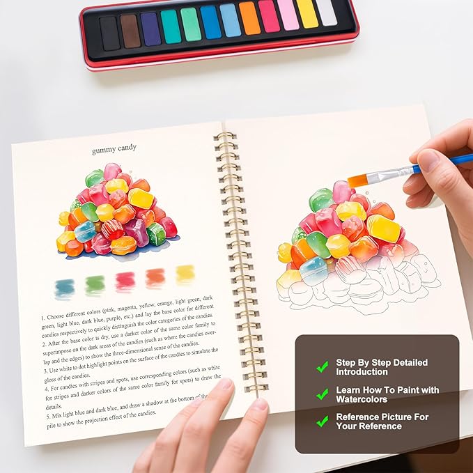 Metyond Easter Watercolor Workbook - Watercolor Coloring Book with 1 Workbook 12 Colors Paint Set with Brush, Beginner Friendly Watercolor Workbooks Set Easter Gift for Adults Teens