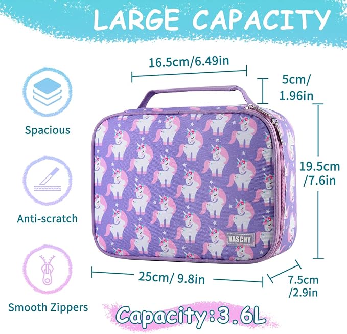 VASCHY Large Pencil Case, Art Color Pencils Pouch with Detachable Layers Multiple Zip Pockets for School Office Stationary Organization Purple Unicorn