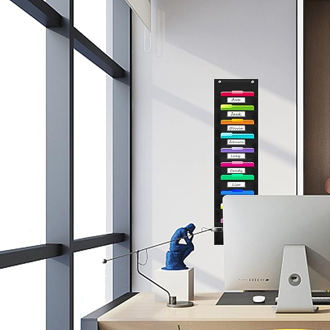 Vantasii Organization Pocket Chart with 10 Pockets, Hanging Wall File Organizer, 2 Over Door Metal Hangers Included, 10 Dry-Erase White Labels,Organize Your Assignments, Files (Black, 14” x 47”)