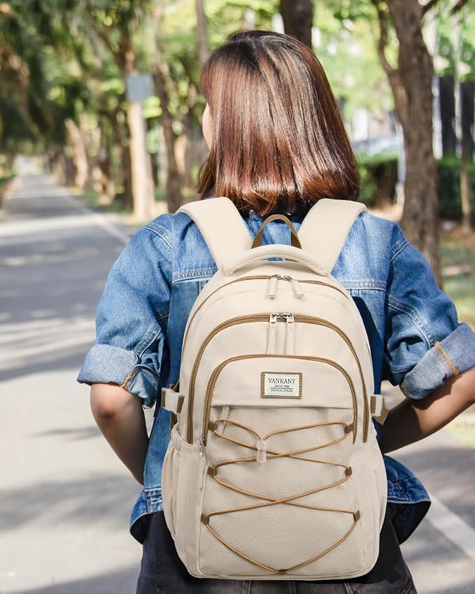 Teen Girls Backpack School Bag, 17.3in Laptop Backpack for Women Work Commuter, Aesthetic College Bookbag for Students, Beige