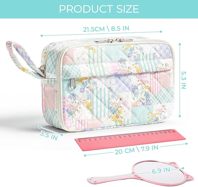 WOBAGMEN Quilted Pencil Pouch for Women, Large Capacity Pencil Case with Compartments, Cute Aesthetic Pencil Organizer, Floral Stationery Pouch（Colorful Patchwork）