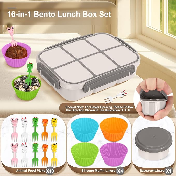 Amathley Lunch Box Kids Girls Boys,Bento Box Adult,Toddler Lunch Containers for School,Leakproof Snack Containers with 6 Compartments,Sauce Container,10 Food Picks and 4 Muffin Cups (White)