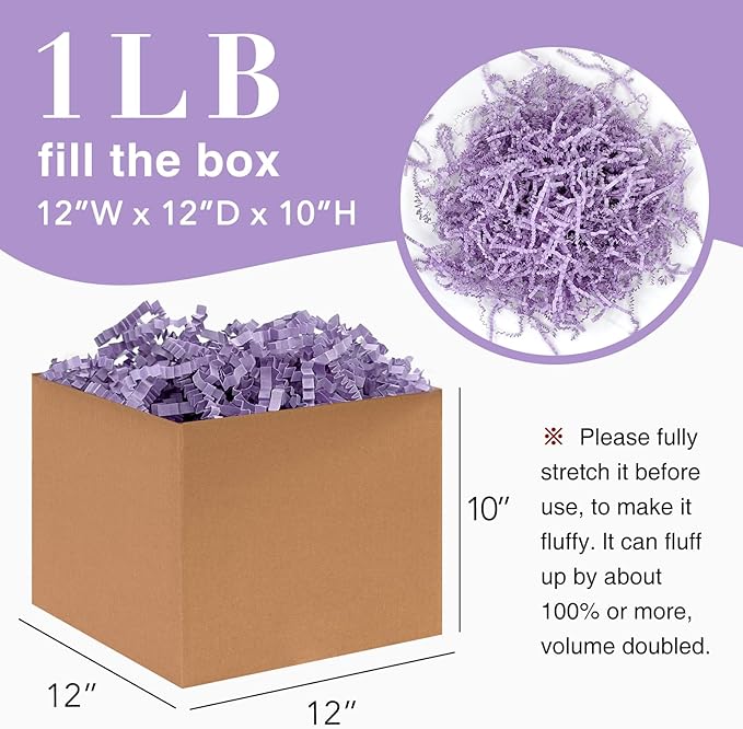 1LB Crinkle Cut Paper Shred Filler for Gift Box Bag and Basket on Holidays (Light Purple)