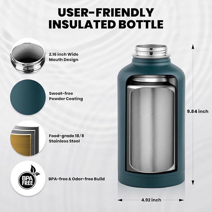 RAYMYLO Insulated Water Bottle 64 oz, Triple Wall Vacuum Stainless Steel (Cold for 48 Hrs), Leak Proof & Non-BPA, Half Gallon Water Flask Jug with Paracord Handle & Straw Spout Lids, Dark Green