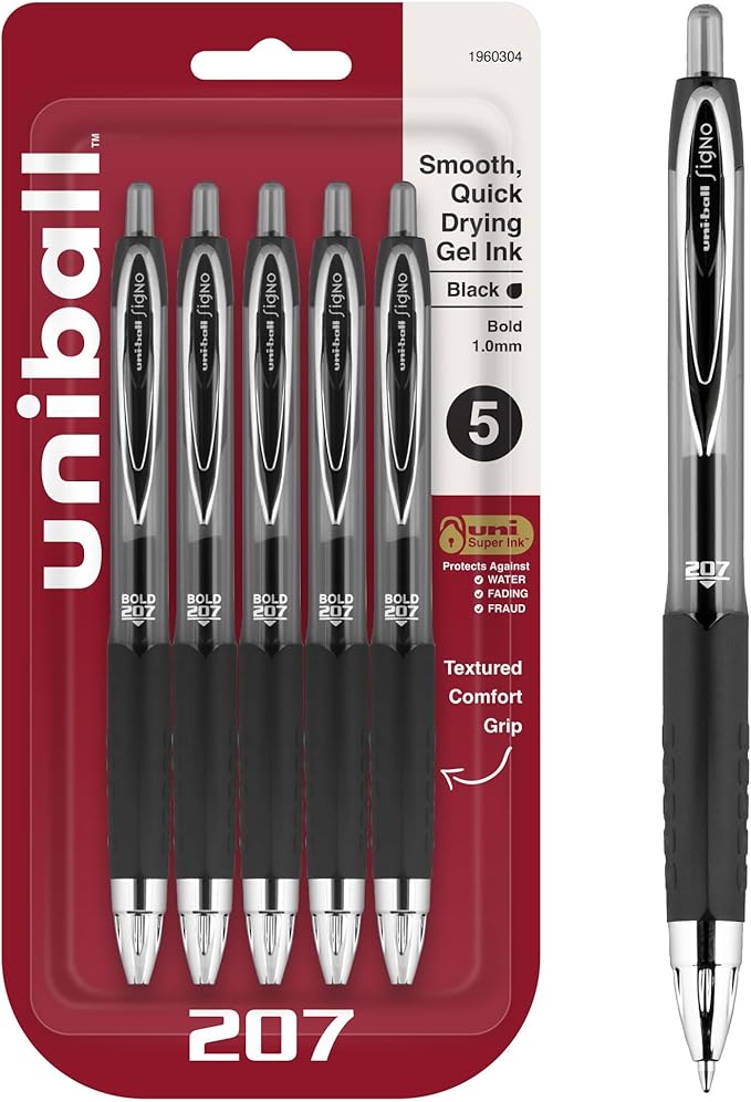 Uniball 207 Retractable Gel Pens, Bold Point (1.0mm), Black, 5 Pack