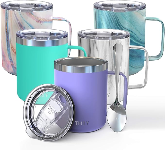 THILY Stainless Steel Insulated Coffee Mug 12 oz Triple-Insulated Travel Cup with Handle and Spill Proof Lid, Keep Coffee Cold or Hot Hours, Powder Coated, Matte Lavender