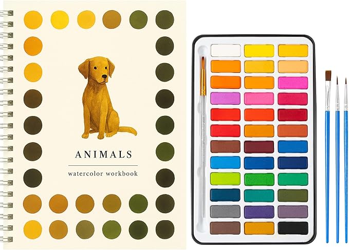 Watercolor Workbook Set with Solid Paint Palette – Guided Painting Pages + 36 Solid Colors – Beginner Friendly Art Practice Book for Home & Classroom Use (Animals)