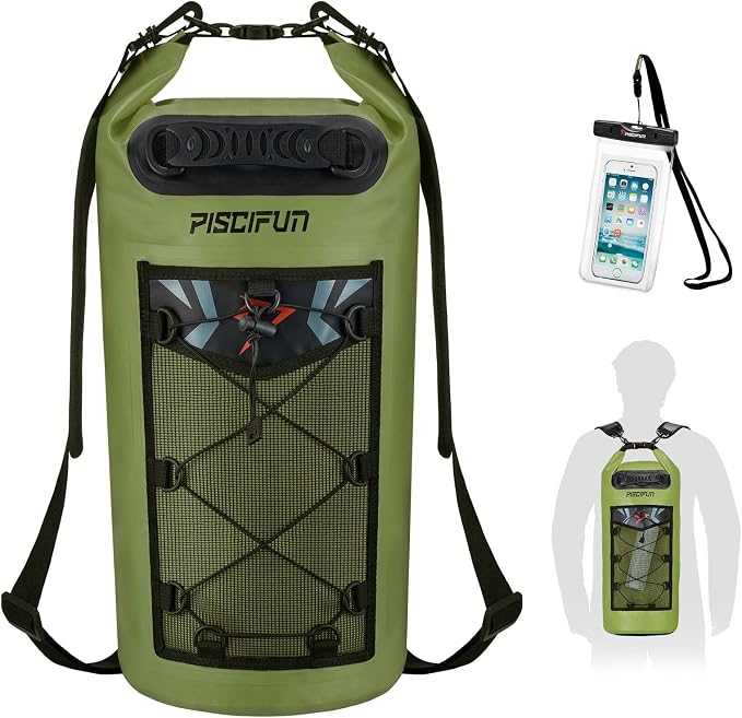 Piscifun Dry Bag, Waterproof Floating Backpack 10L/20L/30L/40L | Waterproof Phone Case, Adjustable shoulder straps, Roll-top closure keeps gear dry, Ideal for Boating, Kayaking, Fishing