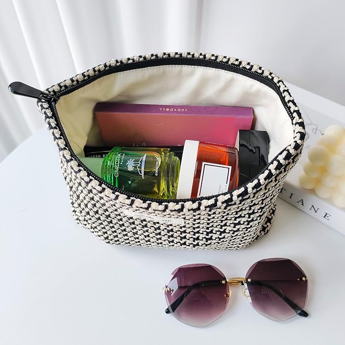 STARDW Travel Makeup Bag Organizer, Cosmetic Pouch for Women, Puppytooth | Canvas Lined Cosmetic Bag for Skincare, Brushes & Toiletries, Cute Travel Toiletry Bag, Purse Organizer Pouches with Zipper