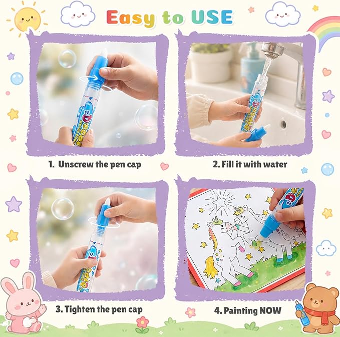 QANIY Reusable Water Painting Book, 4 Pack Magic Water Coloring Books with 4 Water Pens for Toddlers，Mess-Free Coloring Book with 4 Different themes,Travel Activity Toys, Gift for Boys & Girls Ages 3+