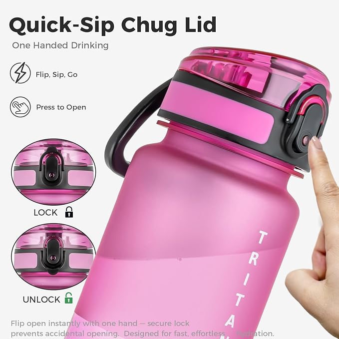 32oz Water Bottle with Chug Lid, Frosted & Clear Tritan BPA-Free, Leakproof, Wide Mouth, Portable Sports Water Bottle for Gym, Office, Travel, Outdoor (Magenta)