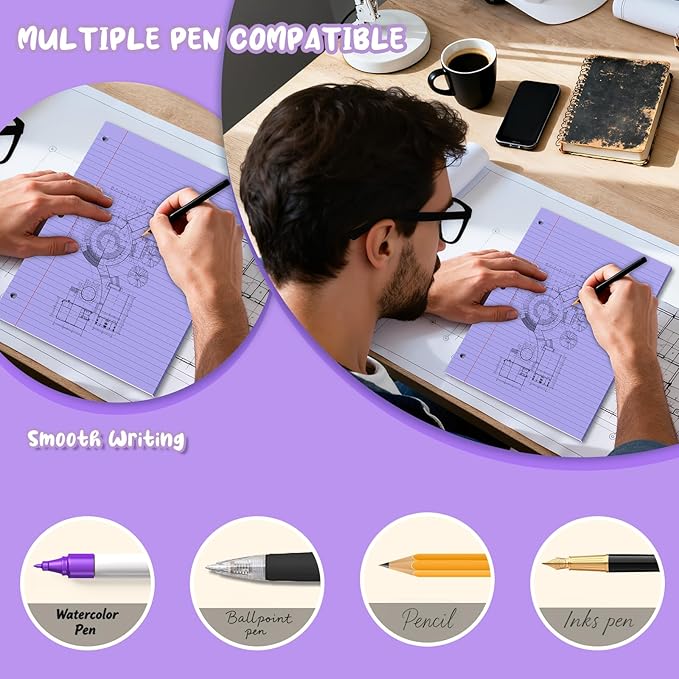 Purple Loose Leaf Paper 8 x 10.5, 120 Sheets Lined Paper College Ruled Paper, 3 Hole Punched Notebook Paper College Ruled, 3 Ring Binder Paper 8 x 10.5, Filler Paper College Ruled for Office, School