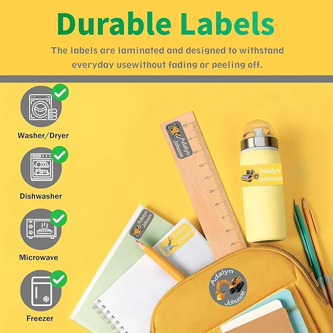 Custom Personalized Name Labels for Kids-(200-1000Labels) Waterproof Name Stickers Tags for School&Daycare,Clothing Tags,Washable&Durable Labels for Lunch Boxes, Bottles,Toys&GEA (Excavator)