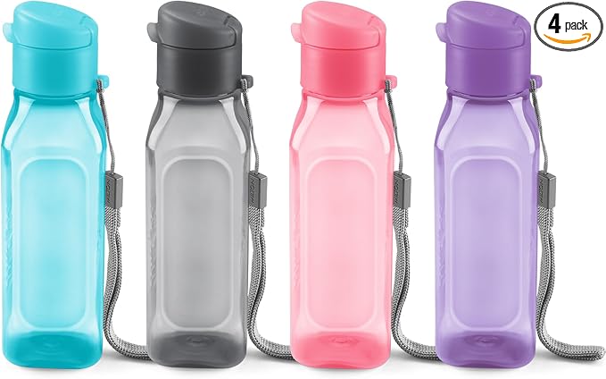 Bulk Set of 4 10oz Multicolor Water Bottles for Kids and Adults - Leak Proof With Carry Strap - Square Reusable for Juice, Drinks - BPA-Free Dishwasher-Safe