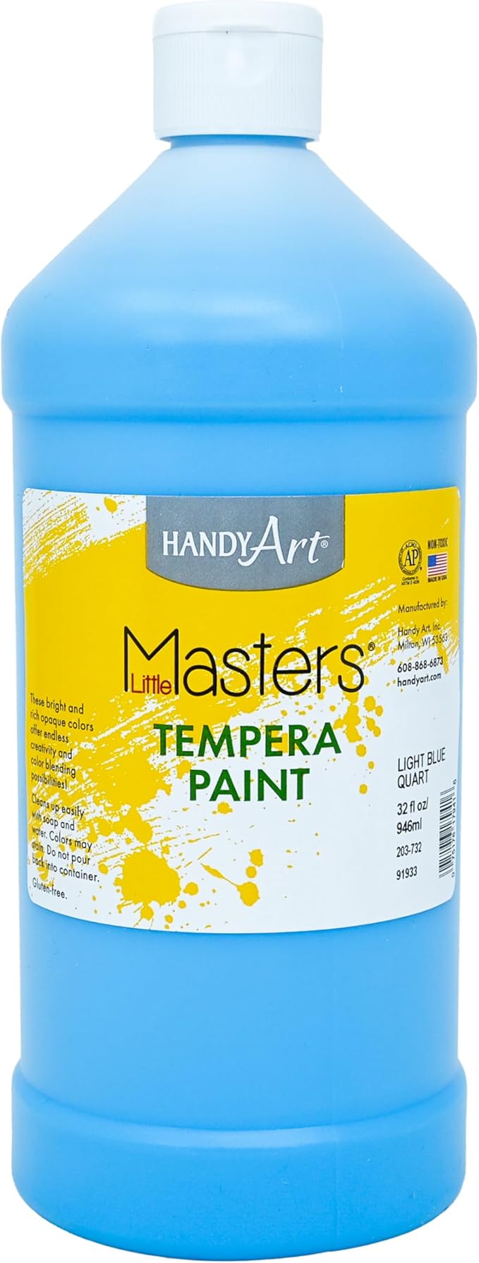 Handy Art Little Masters Tempera Paint, Light Blue, 32 oz Bottle, Bright & Mixable, High Opacity, Washable Colors for Classroom, Students, Kids, Young Artists, Safe & Non-Toxic, Made in USA